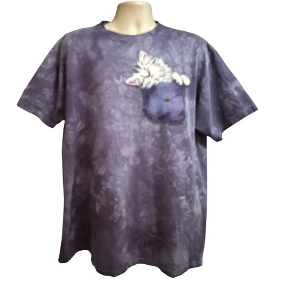 The Mountain Vintage Kitten In Pocket Purple Tie Dye Graphic Animal Print Tee - Picture 1 of 7